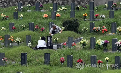 到釜山永樂公園掃墓的人絡繹不絕，圖為一對老夫婦在整理墓地。（圖片來源：韓聯社）