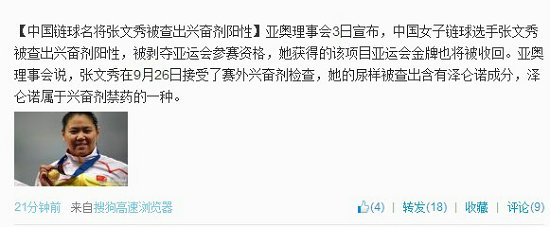 鏈球冠軍張文秀尿檢呈陽性 亞運會金牌將被收回