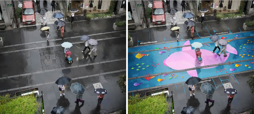 韓國藝術家們在首爾的大街上繪制了只有在下雨天才會出現的卡通涂鴉。（網頁截圖）