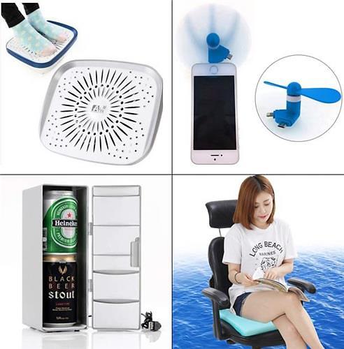 從左至右順時針方向依次為：腳部專用風扇、手機風扇、冰坐墊、USB迷你小冰箱（圖片=韓聯社）