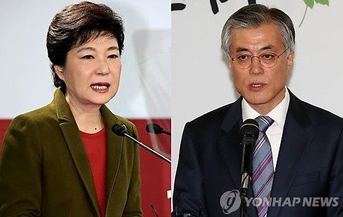 韓總統大選觀戰指南（2）：“雌雄”對決。.圖為韓國總統大選候選人新國家黨樸槿惠（左）和民主統合黨文在寅（右）。圖片來源：韓聯社。