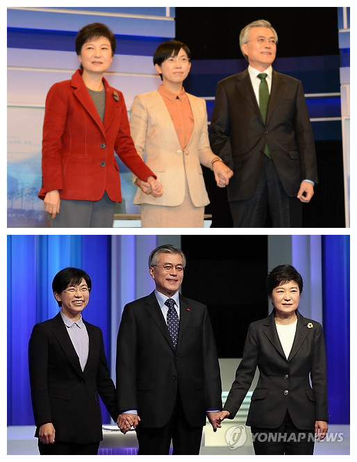 上圖為10日晚韓國新國家黨總統候選人樸槿惠（左）、統合進步黨總統候選人李正姬（中）、民主統合黨總統候選人文在寅（右）等三人在二次辯論開始前合影。值得注意的是，與第一次電視辯論前候選人合影時的“李-文-樸”站位（下圖）不同，樸槿惠和李正姬首次牽手合影。圖片來源：韓聯社