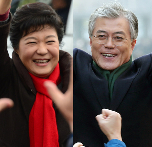 韓國大選結果有望于19日晚11時揭曉 圖為新國家黨候選人樸槿惠（左）和民主統合黨候選人文在寅。（圖片來源：韓聯社）