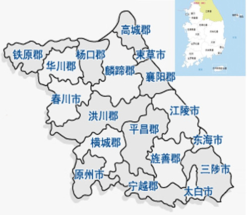 江原道江原道位于韓國東北部，東臨日本海、西倚太白山脈，以太白山為界劃分為嶺東及嶺西地區，嶺東地區濱臨東海，多險崖；嶺西地區以山脈盆地為主。江原道的道廳所在地為春川市，現設有7個市及11個郡。