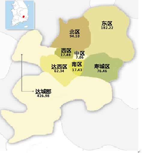 大邱廣域市史前時代，在現在大邱廣域市這個位置就形成了叫達句火的城邑。1419年，大丘縣升格成為大丘郡。1949年8月15日，又由原來的大邱府更名為大邱市。1995年，正式改名為現在的大邱廣域市。目前，大邱廣域市下轄7個區及1個郡。