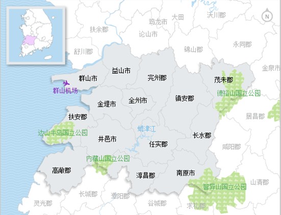 全羅北道全羅北道位于韓國西南部，道廳所在地為全州市。在1018年的高麗時期，現在的全羅南道、全羅北道統稱為全羅道。到了1896年的朝鮮時期，當時的全羅道被劃分為現在的全羅南道與全羅北道。目前，全羅北道管轄有6個市及8個郡，人口約為1,868,963名。