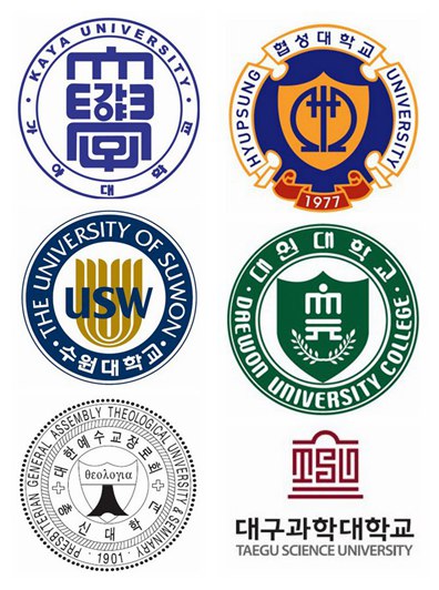 圖片說明：伽倻大學、協成大學、水原大學、大元大學、總神大學、大邱科學大學（從左至右，由上到下）