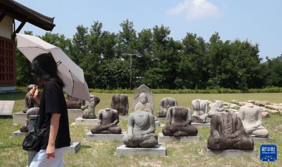 8月1日，游客在韓國慶州博物館外參觀新羅時代的石佛文物。新華社記者 姚琪琳 攝